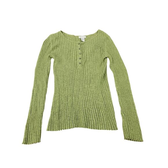 Y2k Ribbed Henley Sweater Green Button Vintage Size M Hannah - Picture 1 of 5